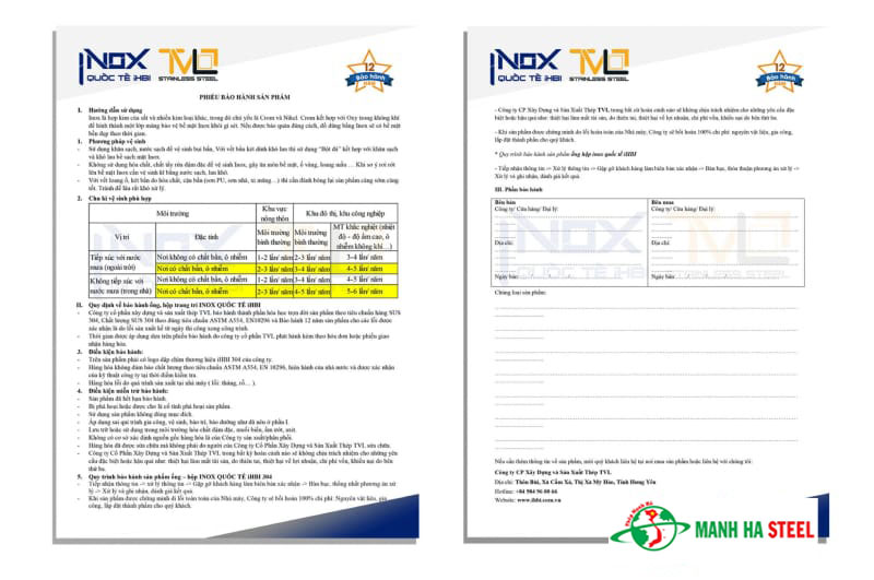 Phiếu bảo hành các sản phẩm inox của công ty Inox Quốc Tế TVL