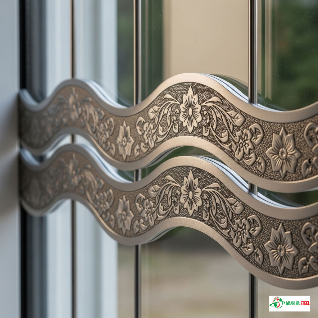 Mẫu chấn sóng cửa sổ inox hình hoa văn uốn cong