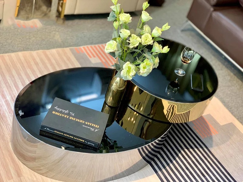 bàn trà inox mạ vàng 2 tầng