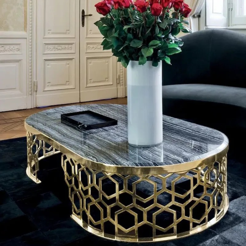 bàn trà inox mạ vàng bầu dục