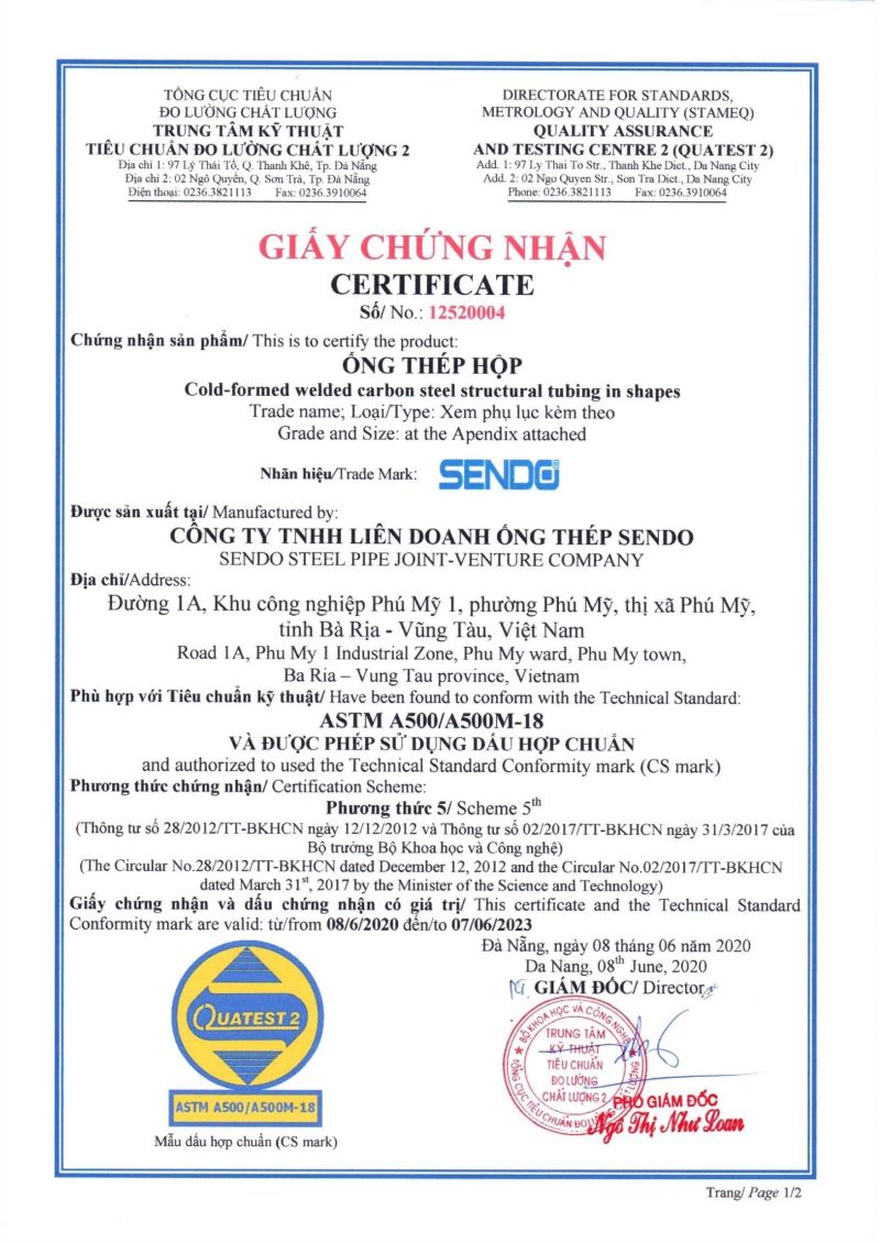 Chứng nhận tiêu chuẩn ASTM A500 các sản phẩm thép hộp Việt Nhật