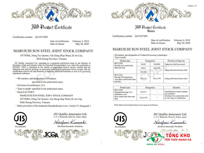 Chứng nhận chất lượng JIS sản phẩm tôn Sunco
