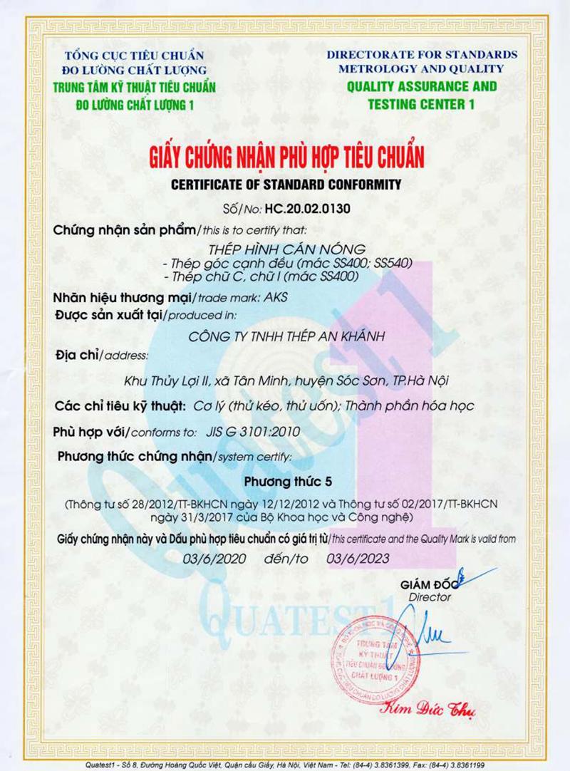 Chứng nhận tiêu chuẩn JIS G3101 các sản phẩm thép hình An Khánh