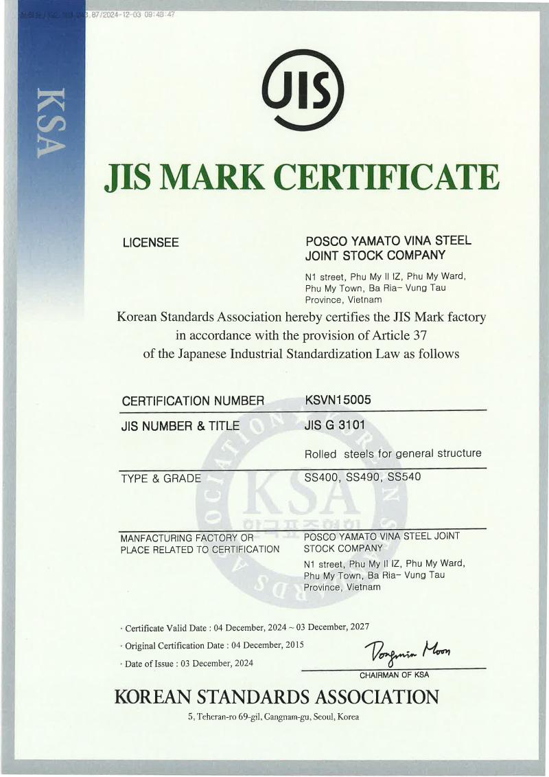 Chứng nhận tiêu chuẩn JIS G3101 các sản phẩm thép Posco Vina