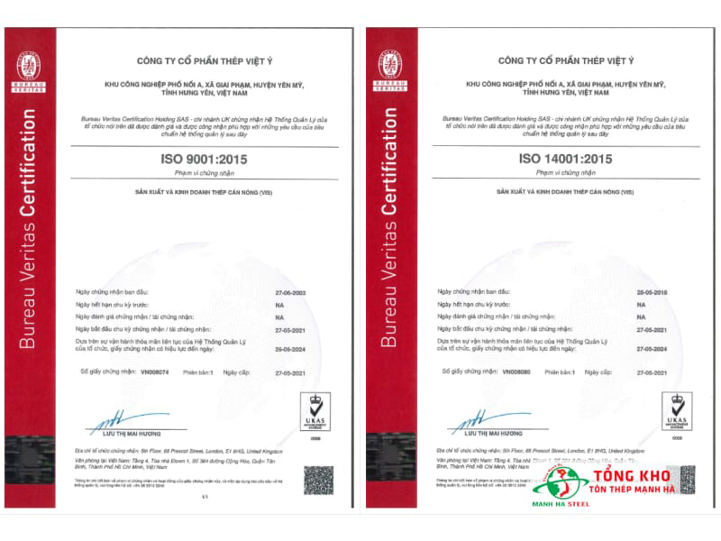 Chứng nhận tiêu chuẩn quản lý chất lượng ISO 9001, ISO 14001 của nhà máy thép Việt Ý