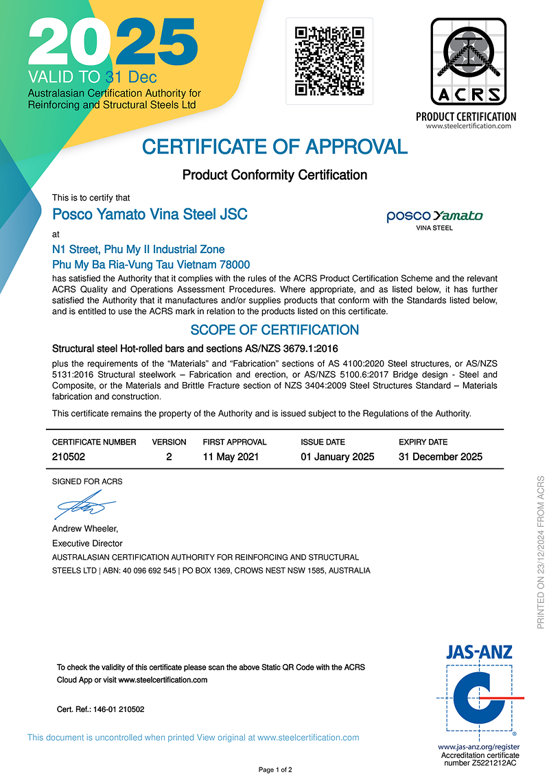 Chứng nhận AS/NZS 3679.1 thép hình U Posco