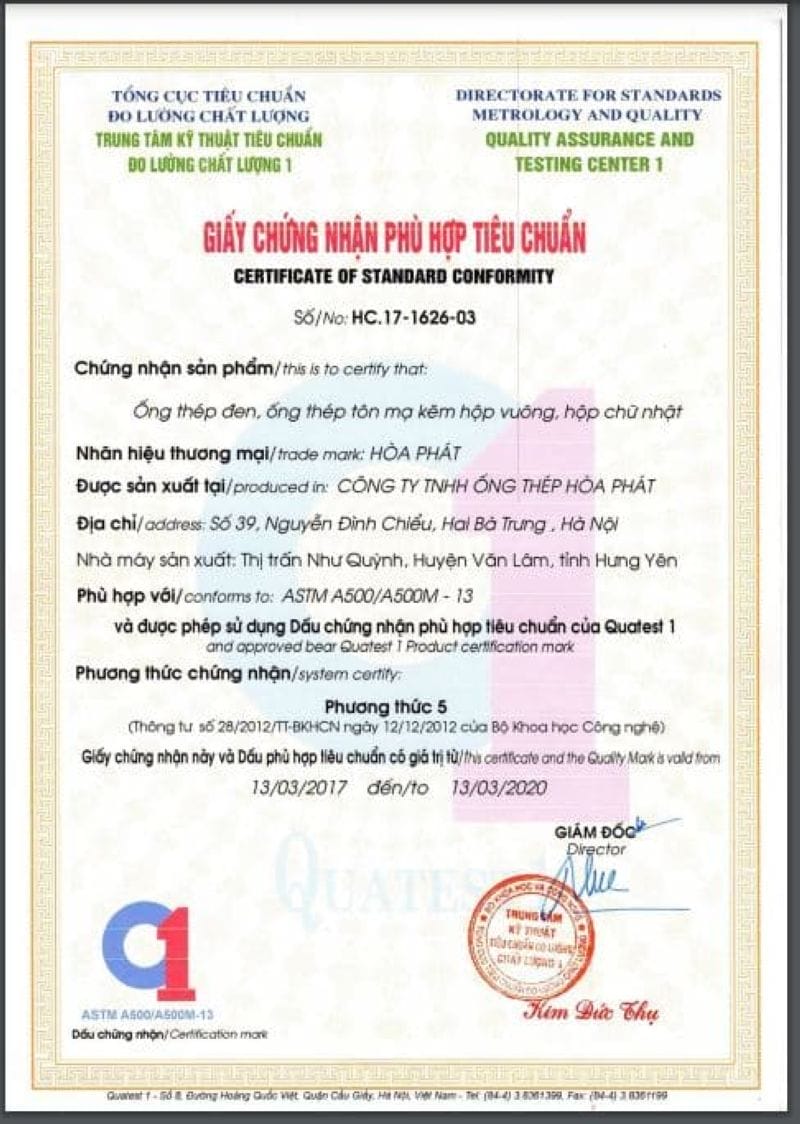 Giấy chứng nhận chứng chỉ ASTM