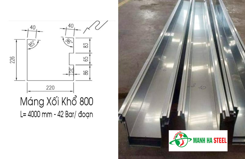 Kích thước máng xối thu nước inox U800