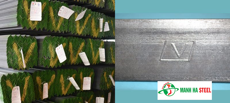 Trên thân thép hình V nhà Bè có logo và đính kèm tag sản phẩm theo mỗi bó thép